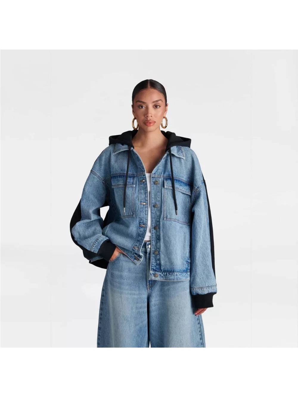 Light Blue Denim Jacket with Black Hood and Sleeve Panels - Women